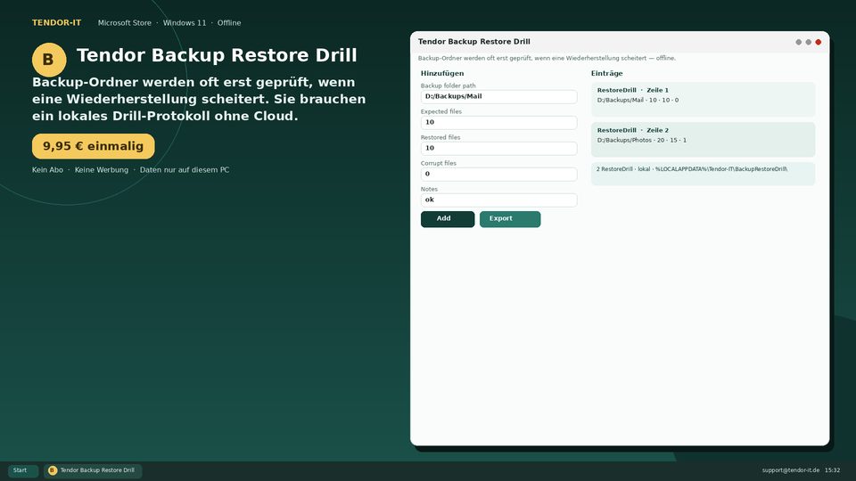 Tendor Backup Restore Drill Screenshot