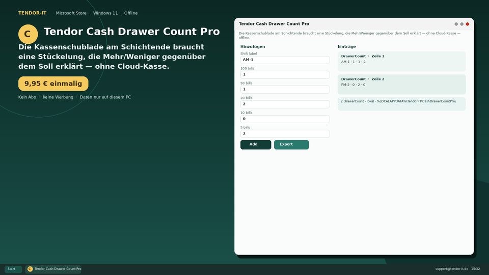 Tendor Cash Drawer Count Pro Screenshot
