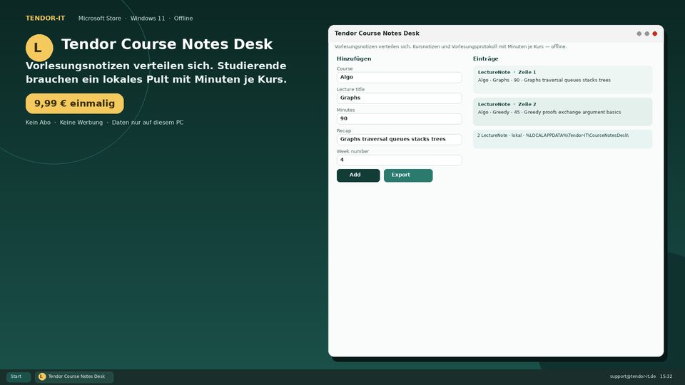 Tendor Course Notes Desk Screenshot