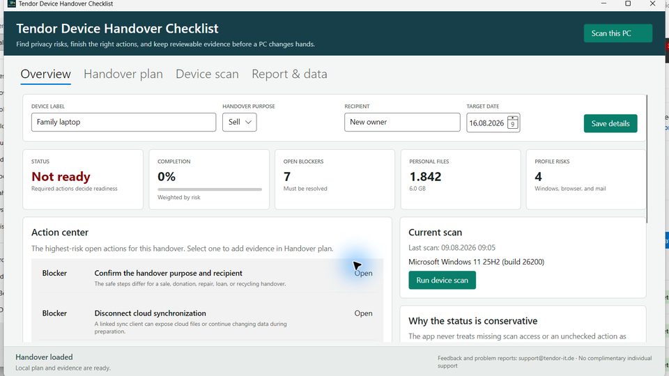 Tendor Device Handover Checklist Screenshot