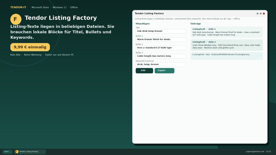 Tendor Listing Factory Screenshot