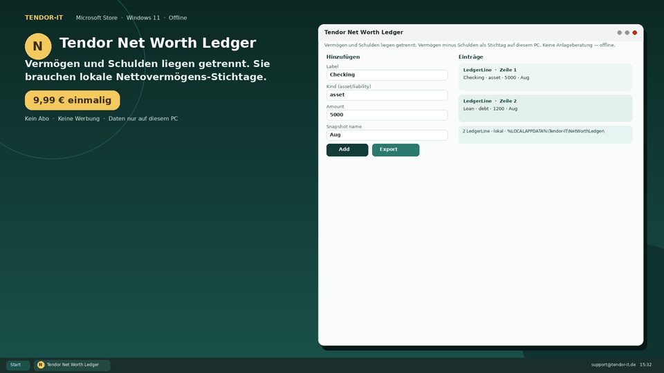 Tendor Net Worth Ledger Screenshot