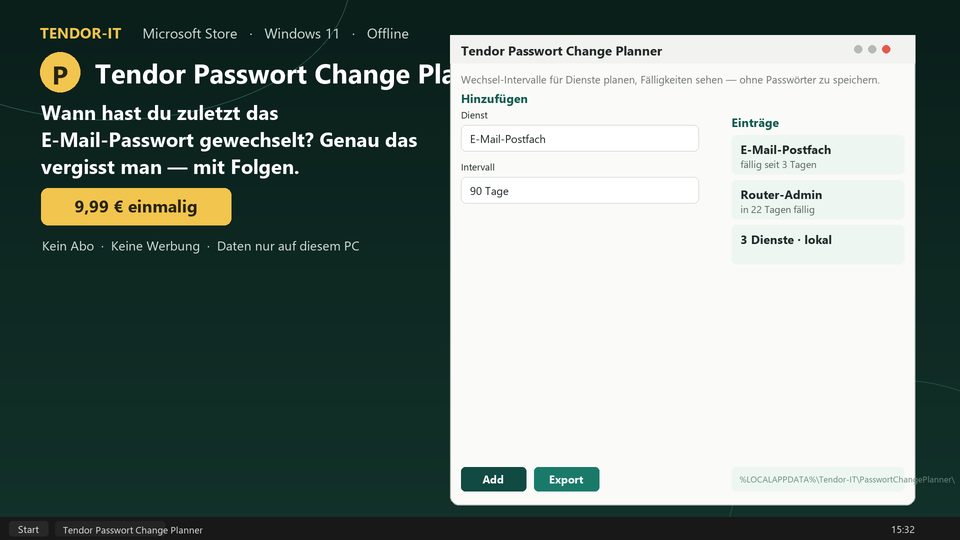 Tendor Passwort Change Planner Screenshot