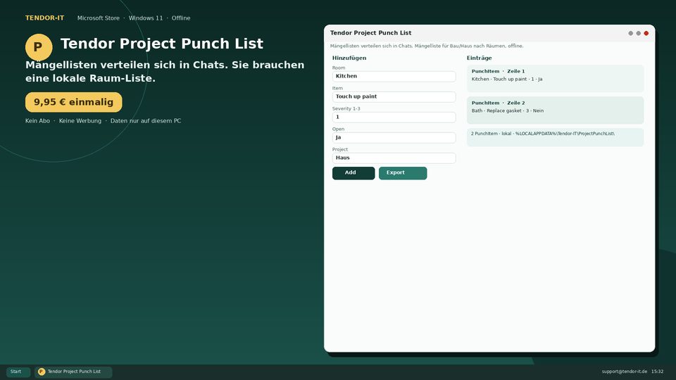 Tendor Project Punch List Screenshot