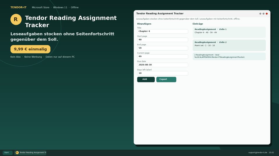 Tendor Reading Assignment Tracker Screenshot