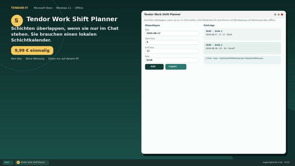Tendor Work Shift Planner Screenshot
